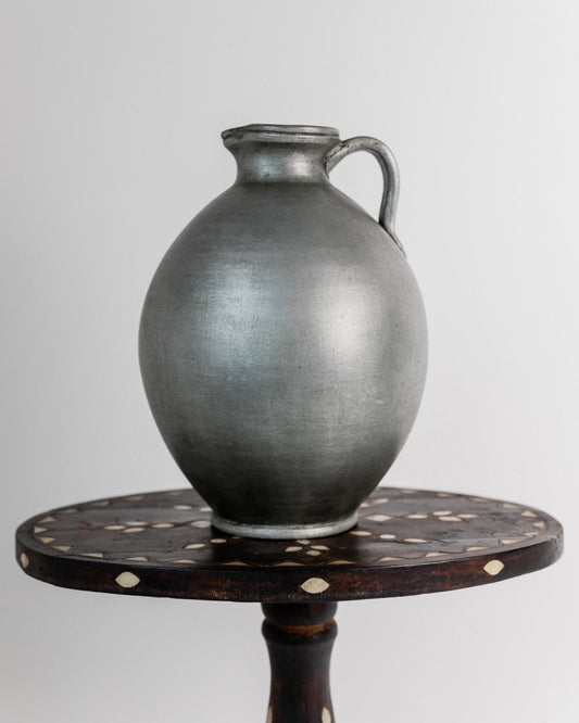Vintage Studio Keramikvase mit Henkel, große runde Form mit Silberglasur, 1960er