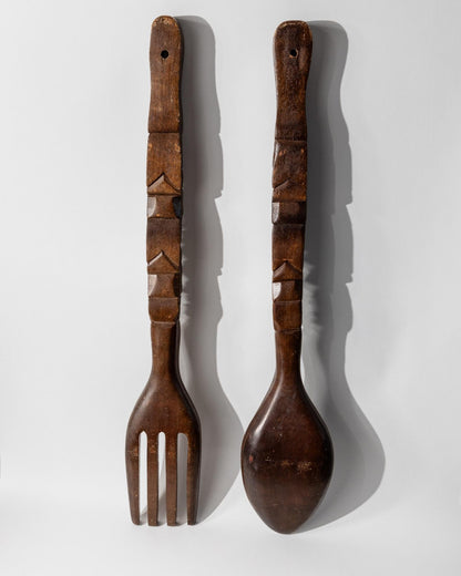 Set von 2 Vintage Wanddeko Holzskulpturen Gabel und Löffel, Italien 1960er
