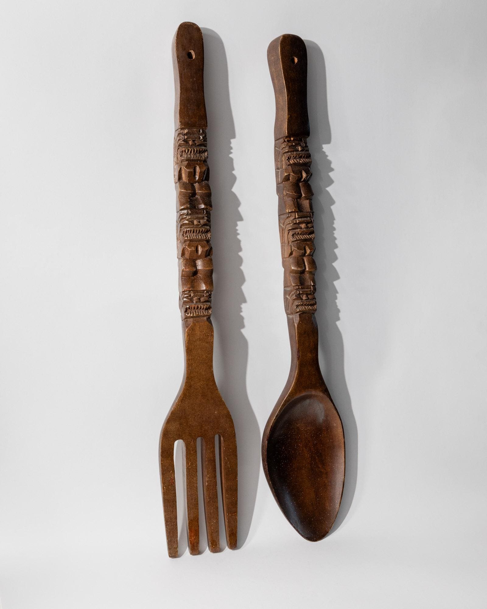 Set von 2 Vintage Wanddeko Holzskulpturen Gabel und Löffel, Italien 1960er