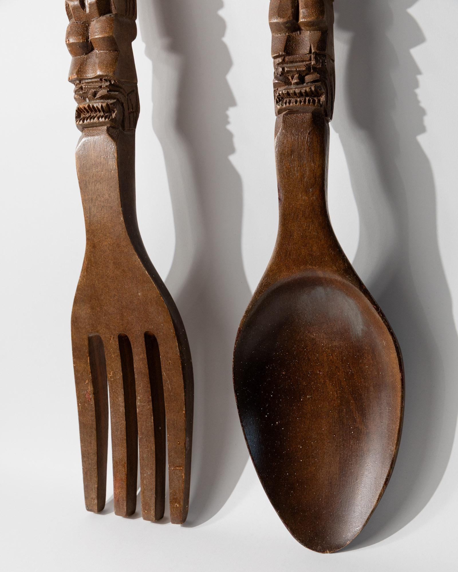 Set von 2 Vintage Wanddeko Holzskulpturen Gabel und Löffel, Italien 1960er