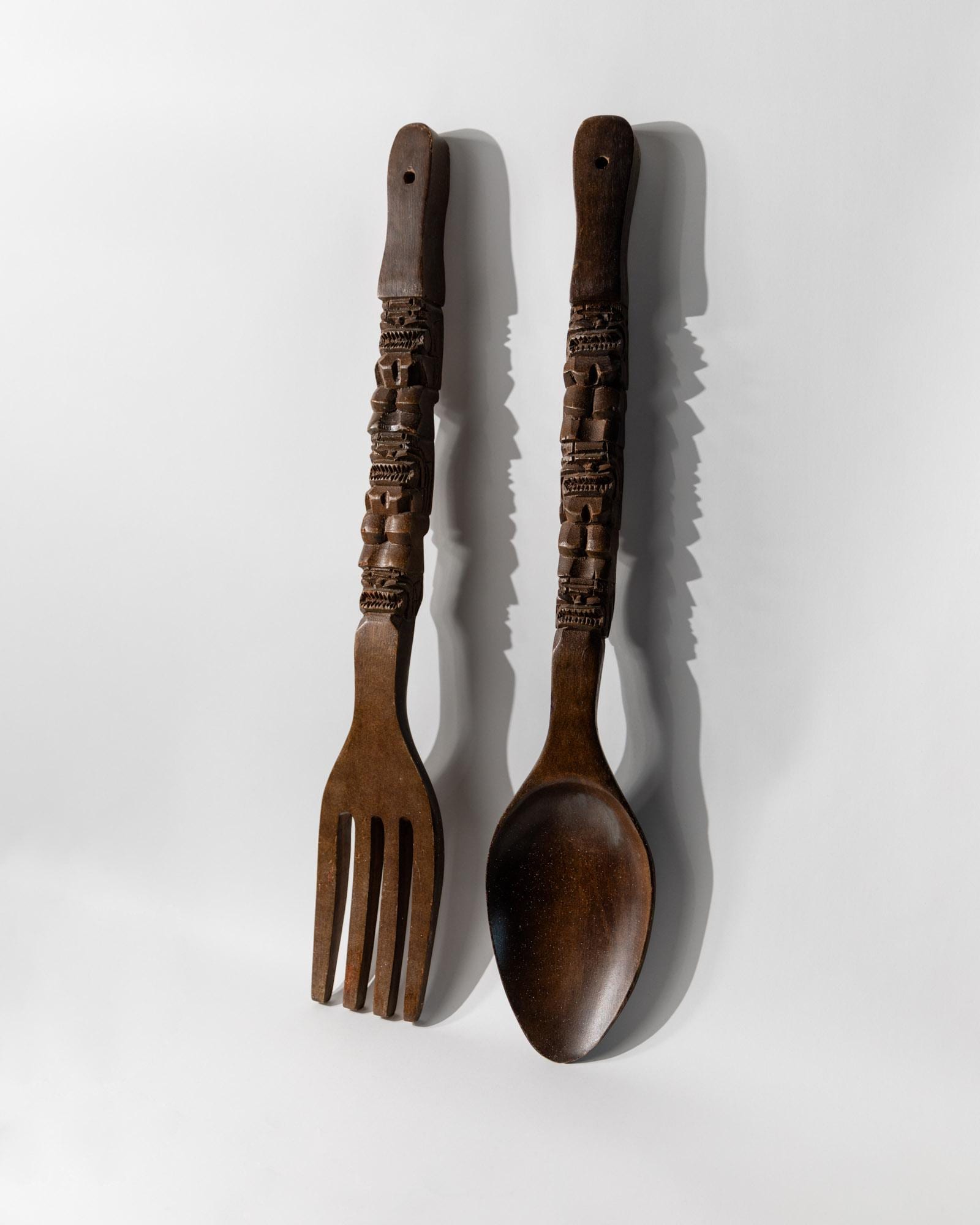 Set von 2 Vintage Wanddeko Holzskulpturen Gabel und Löffel, Italien 1960er