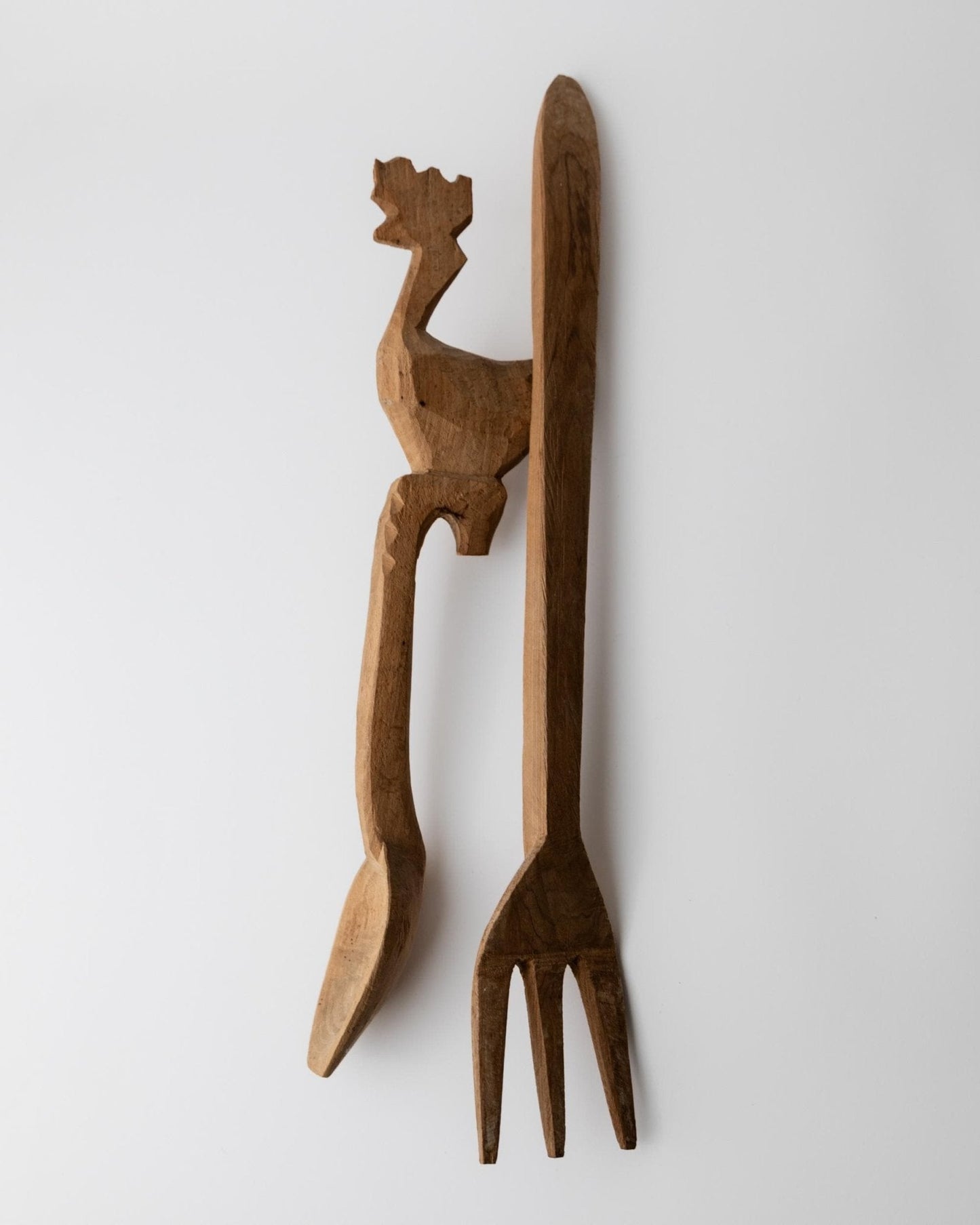 Vintage Besteck Skulpturen aus Holz, handgeschnitzte Gabel und Löffel mit Hahn, Italienische Volkskunst
