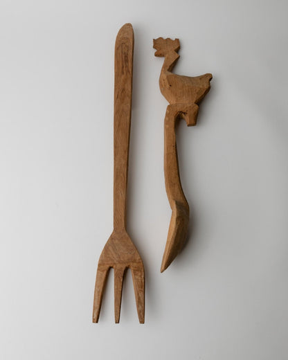 Vintage Besteck Skulpturen aus Holz, handgeschnitzte Gabel und Löffel mit Hahn, Italienische Volkskunst