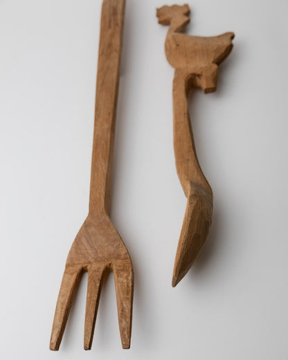 Vintage Besteck Skulpturen aus Holz, handgeschnitzte Gabel und Löffel mit Hahn, Italienische Volkskunst