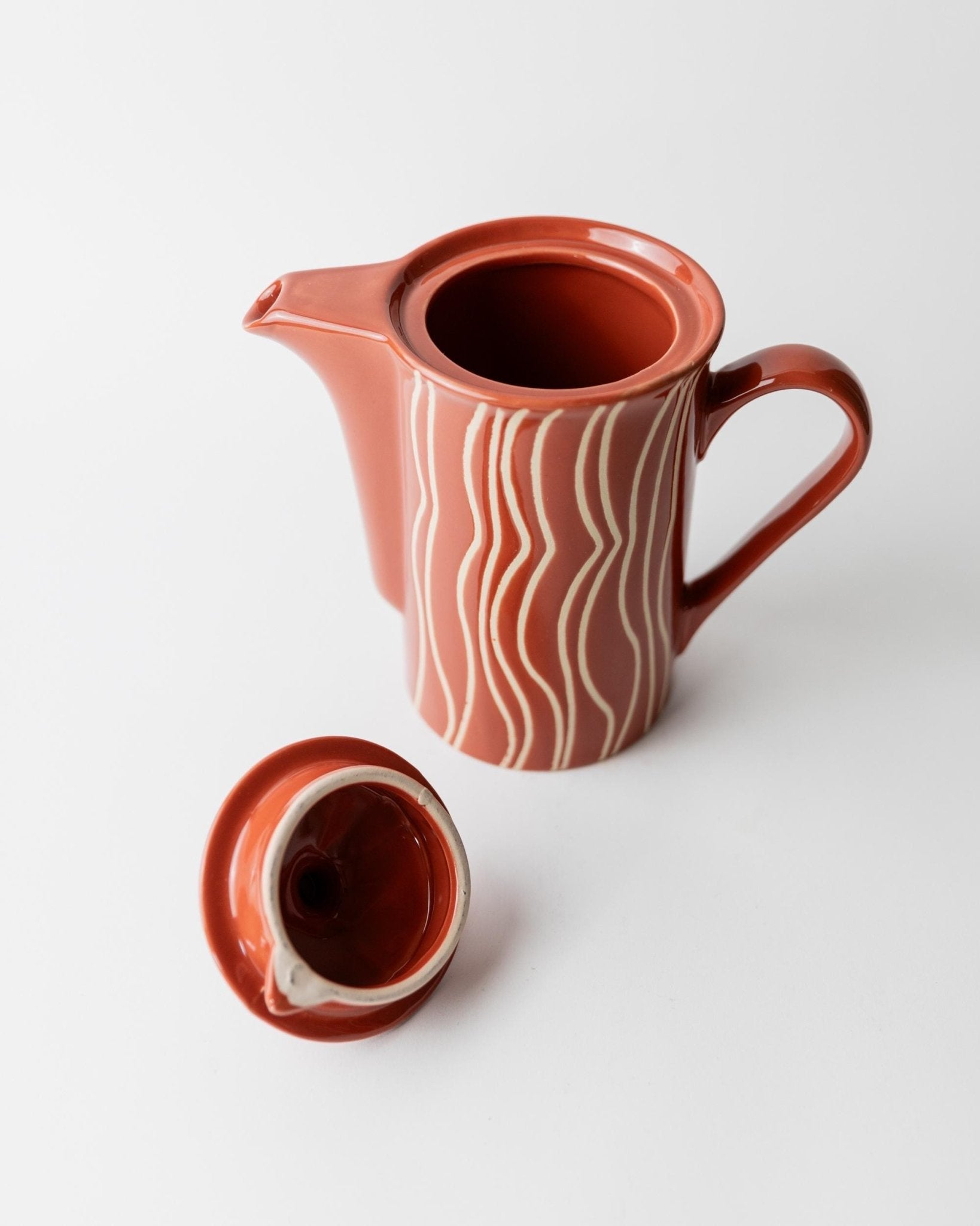 Vintage Keramik Teekanne mit Milchkännchen, Rostorange Streifenmuster