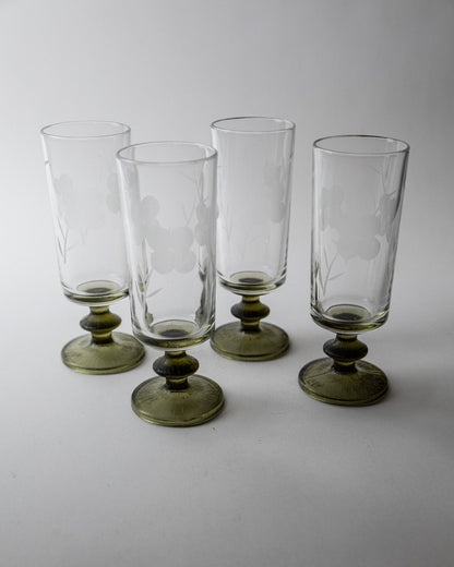 Set von 4 Vintage Champagnergläser mit olivgrünem Stiel, Italien 1970er