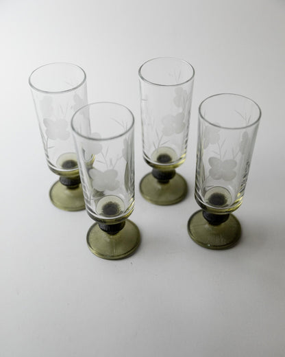 Set von 4 Vintage Champagnergläser mit olivgrünem Stiel, Italien 1970er