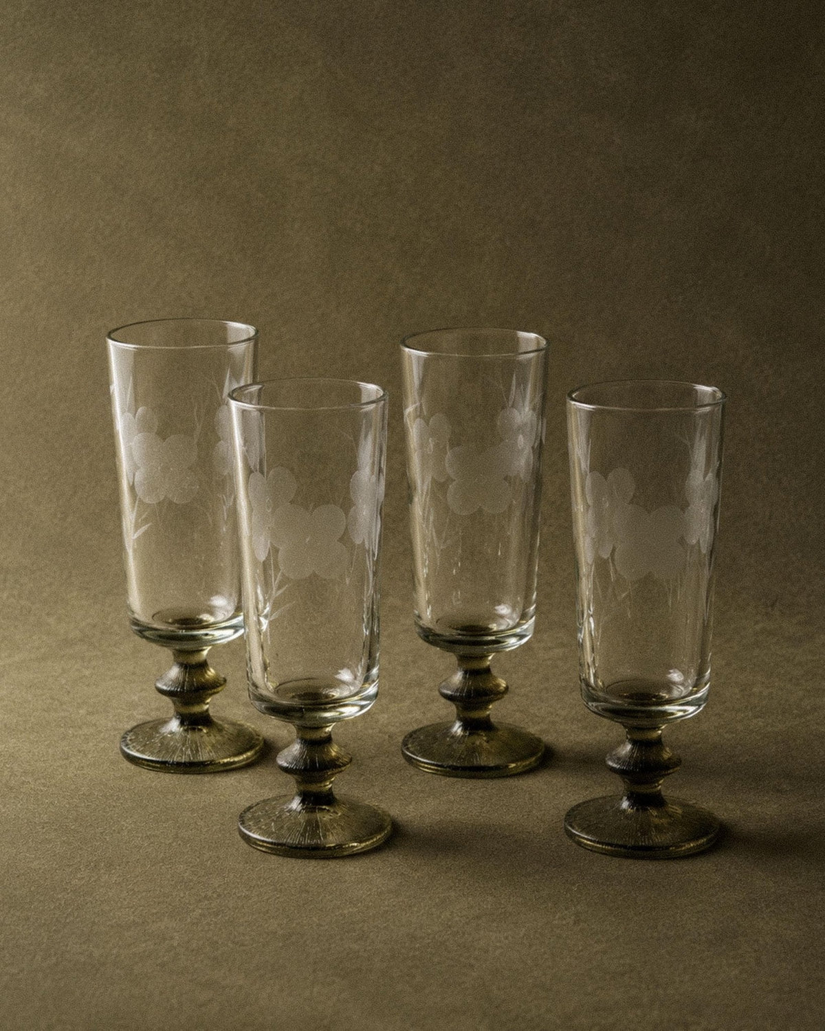 Set von 4 Vintage Champagnergläser mit olivgrünem Stiel, Italien 1970er