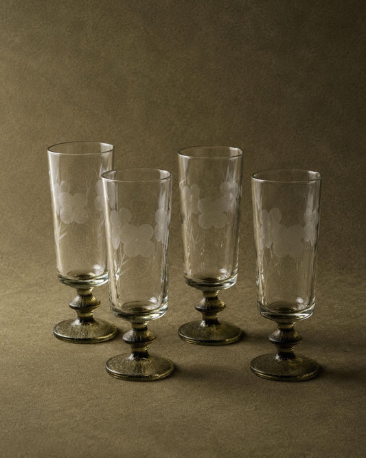 Set von 4 Vintage Champagnergläser mit olivgrünem Stiel, Italien 1970er