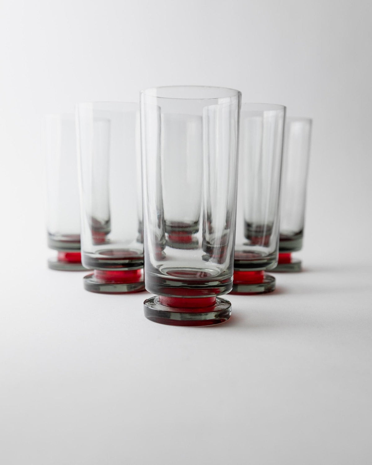Set von 6 Vintage Champagnergläser, Grau mit rotem Stiel