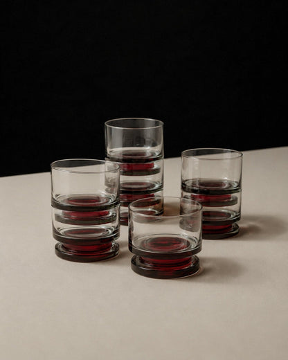 Set von 8 Vintage Trinkgläser Grau mit rotem Stiel, 1970er