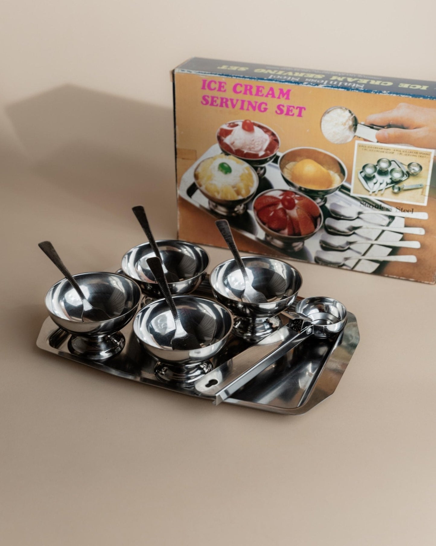 Vintage Eiscreme-Servierset Set von 4 von Italien 1970er in Originalverpackung