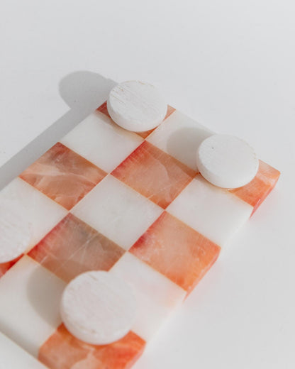 Vintage Tablett aus Marmor mit Füßen, rosa-weiß kariert, Retro, für Kerzen oder Getränke