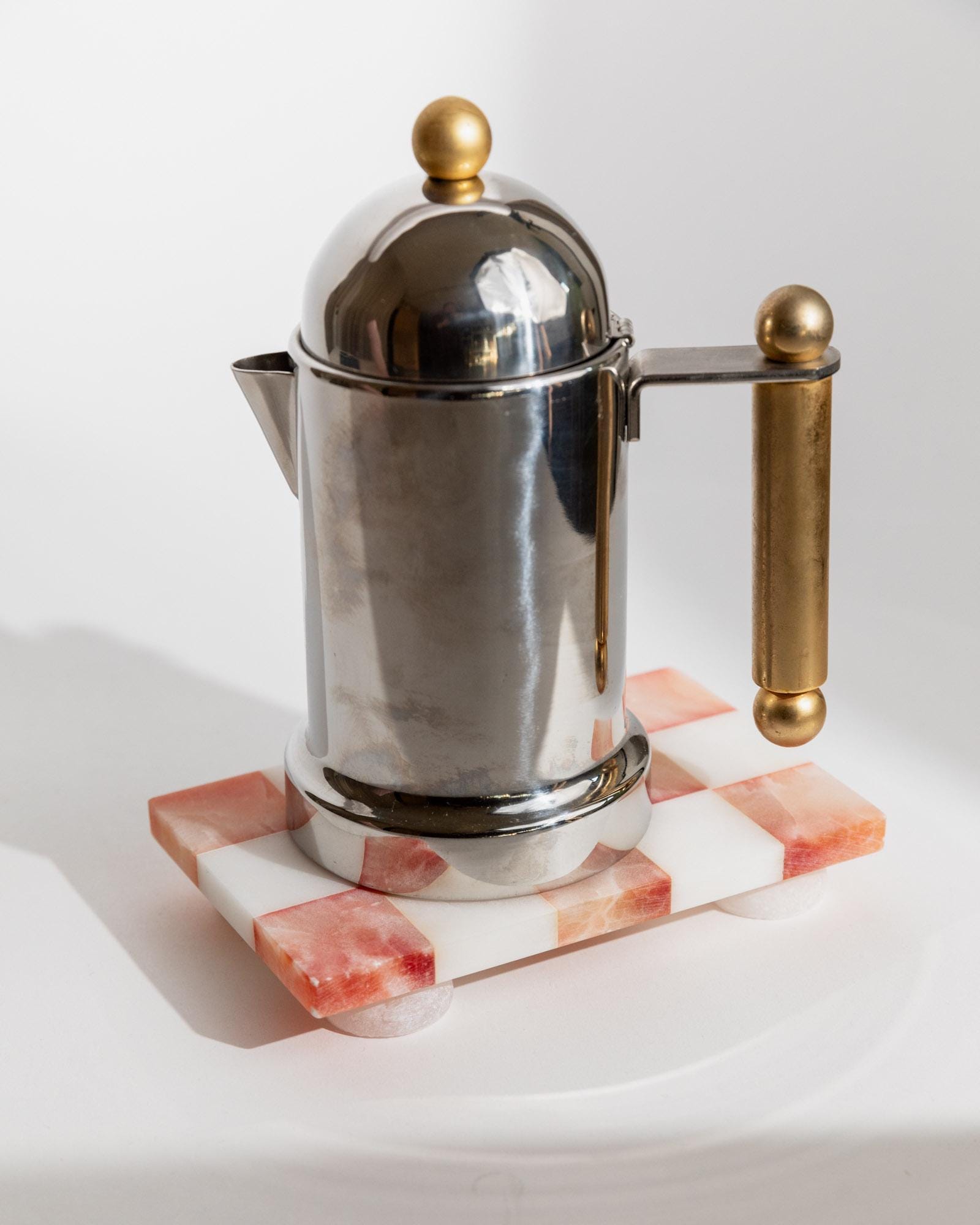 Vintage Tablett aus Marmor mit Füßen, rosa-weiß kariert, Retro, für Kerzen oder Getränke