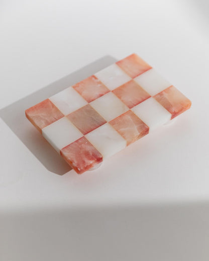 Vintage Tablett aus Marmor mit Füßen, rosa-weiß kariert, Retro, für Kerzen oder Getränke