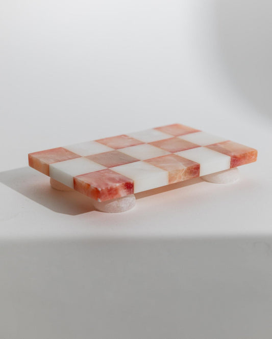 Vintage Tablett aus Marmor mit Füßen, rosa-weiß kariert, Retro, für Kerzen oder Getränke