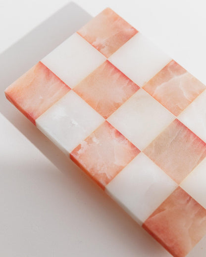 Vintage Tablett aus Marmor mit Füßen, rosa-weiß kariert, Retro, für Kerzen oder Getränke