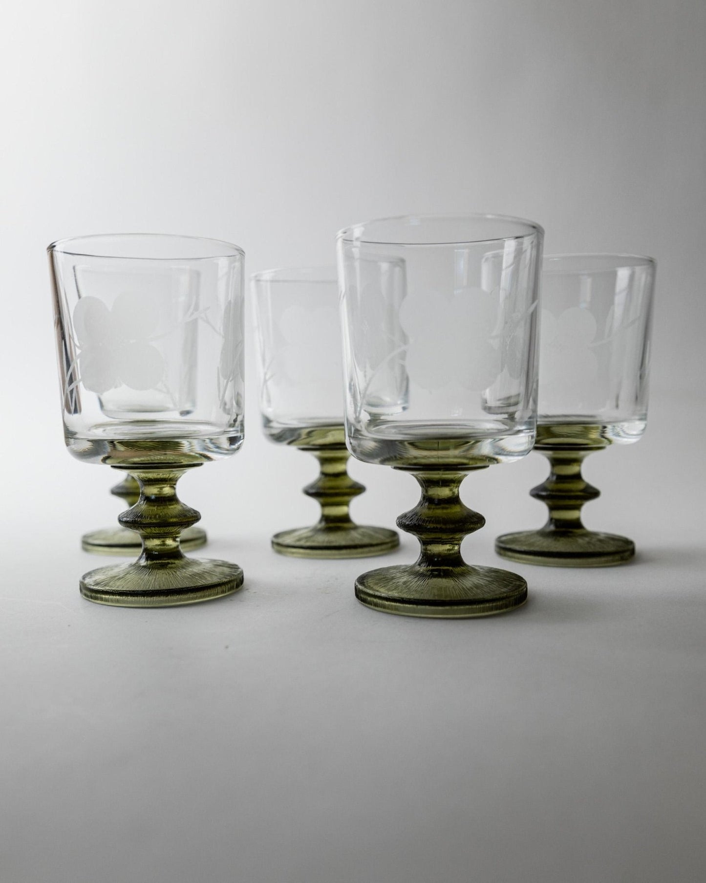 Set von 5 Vintage Weingläser mit Olivgrünem Stiel, Italien