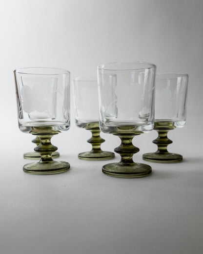 Set von 5 Vintage Weingläser mit Olivgrünem Stiel, Italien