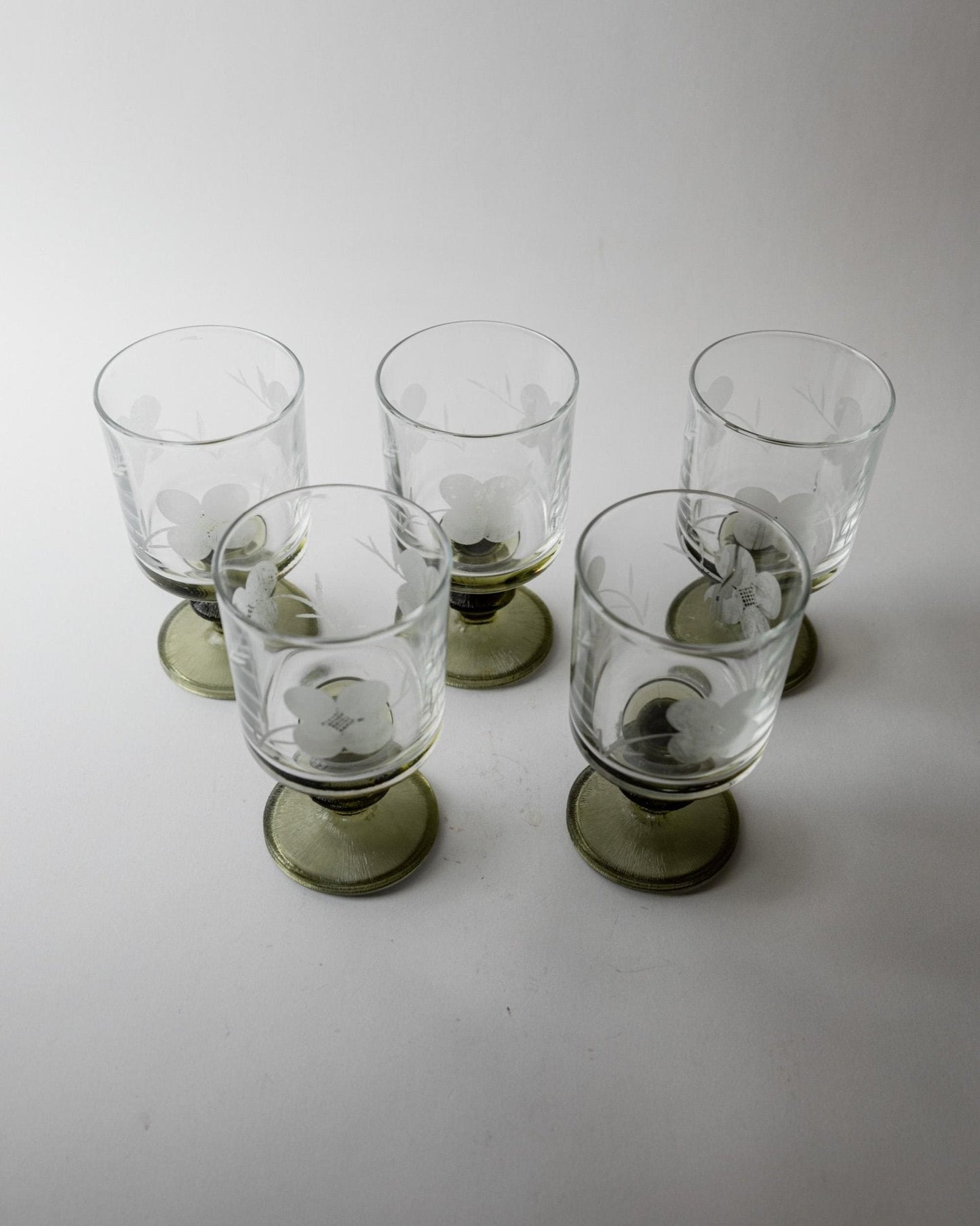 Set von 5 Vintage Weingläser mit Olivgrünem Stiel, Italien