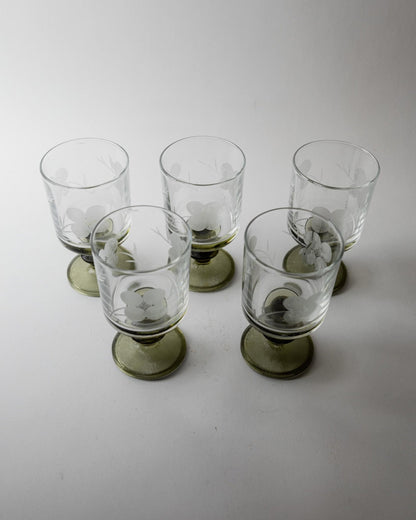 Set von 5 Vintage Weingläser mit Olivgrünem Stiel, Italien