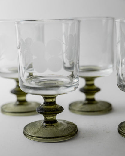 Set von 5 Vintage Weingläser mit Olivgrünem Stiel, Italien