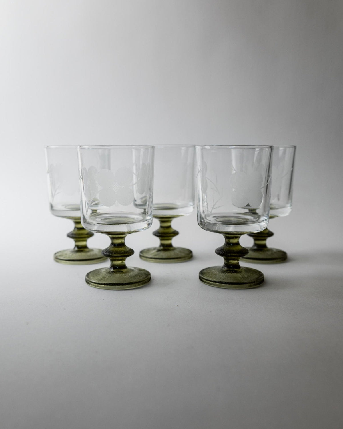 Set von 5 Vintage Weingläser mit Olivgrünem Stiel, Italien