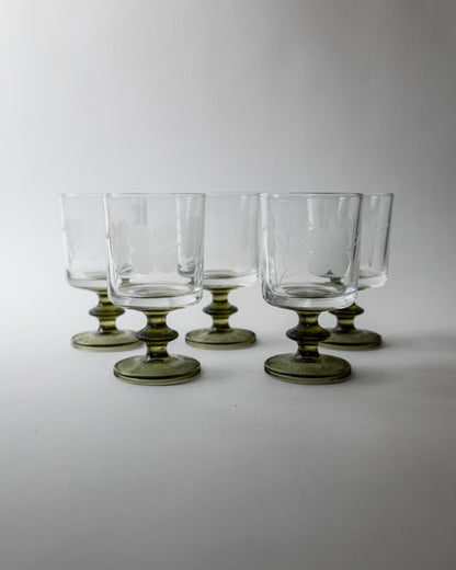Set von 5 Vintage Weingläser mit Olivgrünem Stiel, Italien