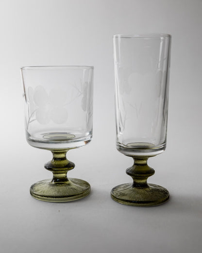 Set von 5 Vintage Weingläser mit Olivgrünem Stiel, Italien