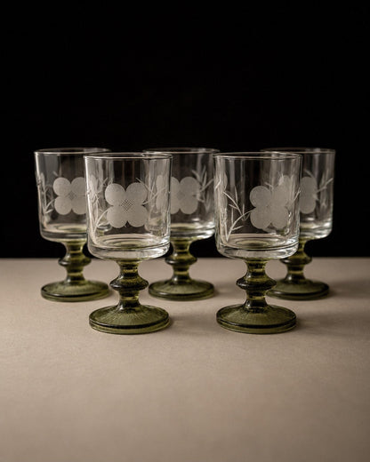 Set von 5 Vintage Weingläser mit Olivgrünem Stiel, Italien