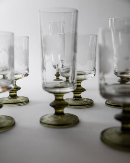 Set von 5 Vintage Weingläser mit Olivgrünem Stiel, Italien