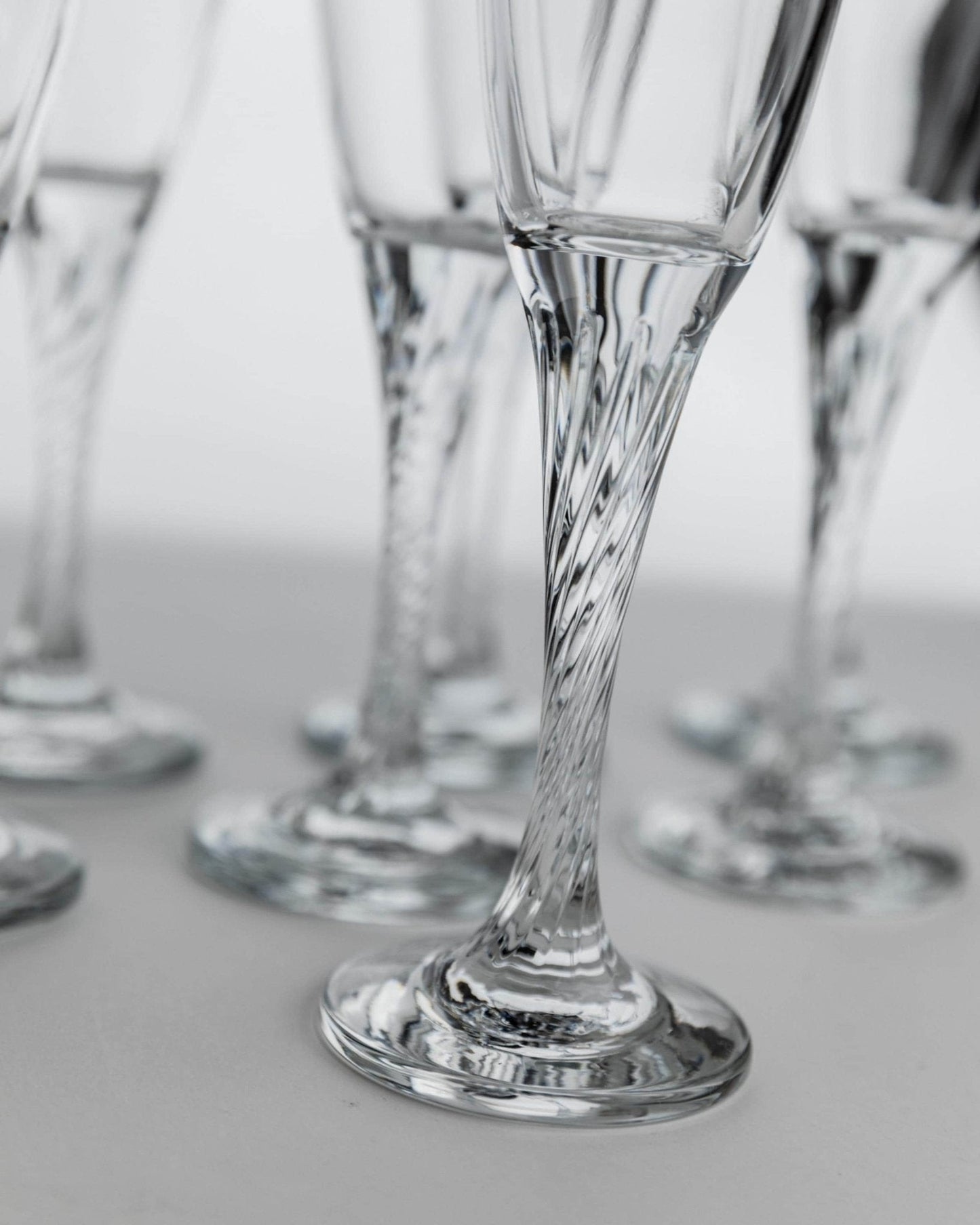 Vintage Champagnerglas Set von 8, geschwungener Stiel, klar, Geschenkidee