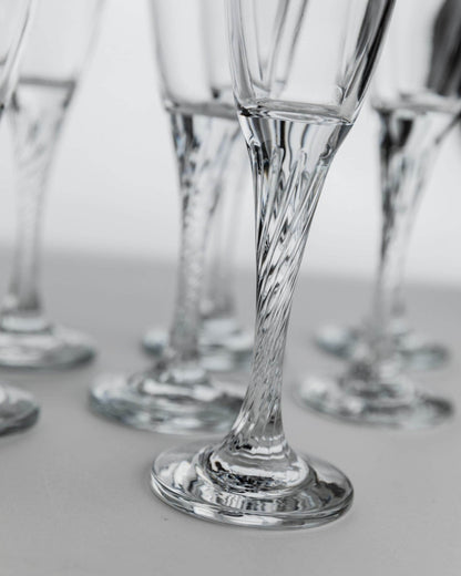 Vintage Champagnerglas Set von 8, geschwungener Stiel, klar, Geschenkidee