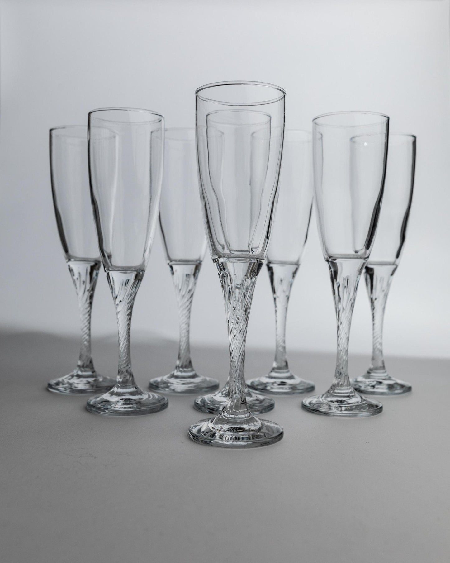 Vintage Champagnerglas Set von 8, geschwungener Stiel, klar, Geschenkidee
