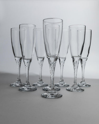 Vintage Champagnerglas Set von 8, geschwungener Stiel, klar, Geschenkidee