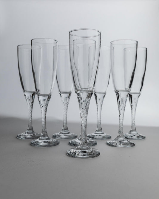 Vintage Champagnerglas Set von 8, geschwungener Stiel, klar, Geschenkidee