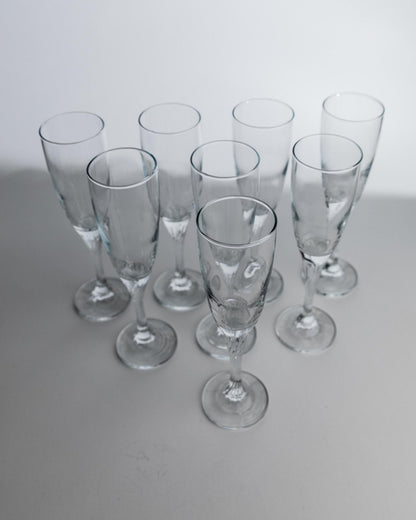 Vintage Champagnerglas Set von 8, geschwungener Stiel, klar, Geschenkidee