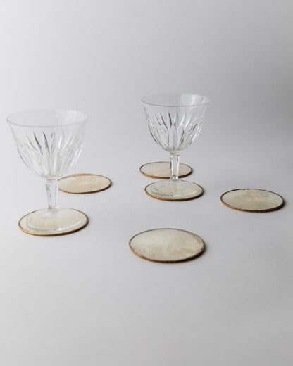 Vintage Untersetzer Set von 6 Perlmutt mit Messingrand und Korkboden VintagePerlmutt