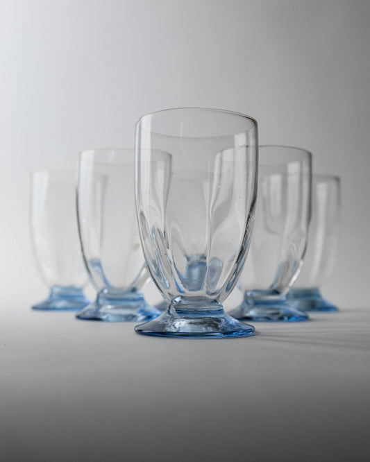 Set von 6 Vintage Trinkglas mit blauen Stielen aus Klarglas