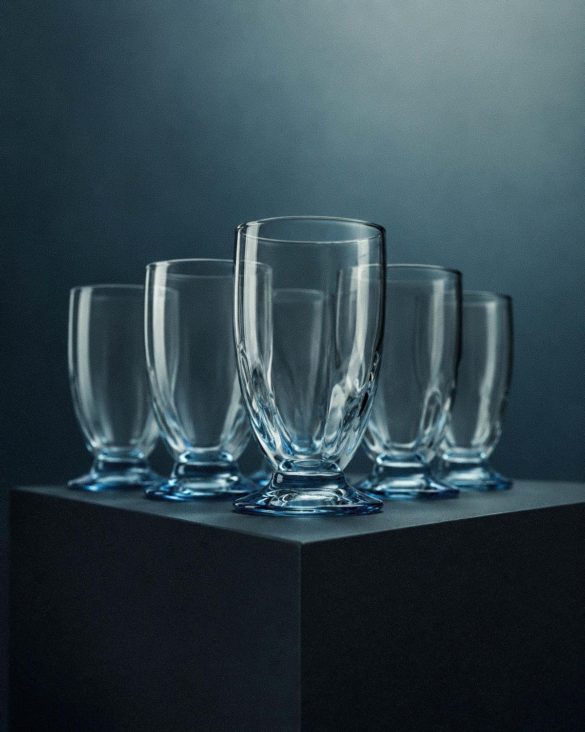 Set von 6 Vintage Trinkglas mit blauen Stielen aus Klarglas