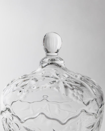 Vintage Bonbonniere aus Glas mit Deckel und Kugelknauf auf drei Füßen