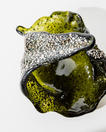 Vintage Murano Glasschale mit Steineinlagen, Dunkelgrün
