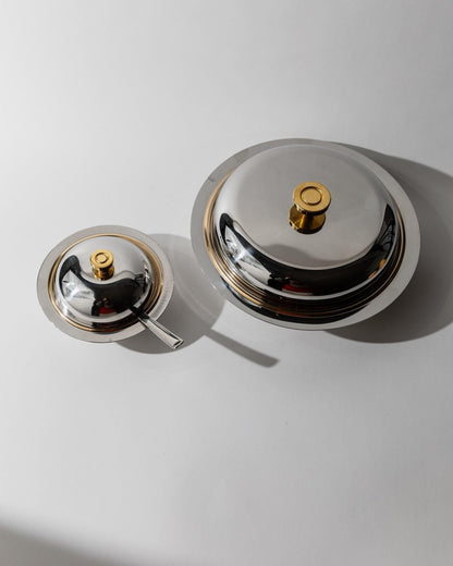 Vintage Schüssel Set von 2 mit Deckel von Morinox für Salat oder Dessert goldene Details