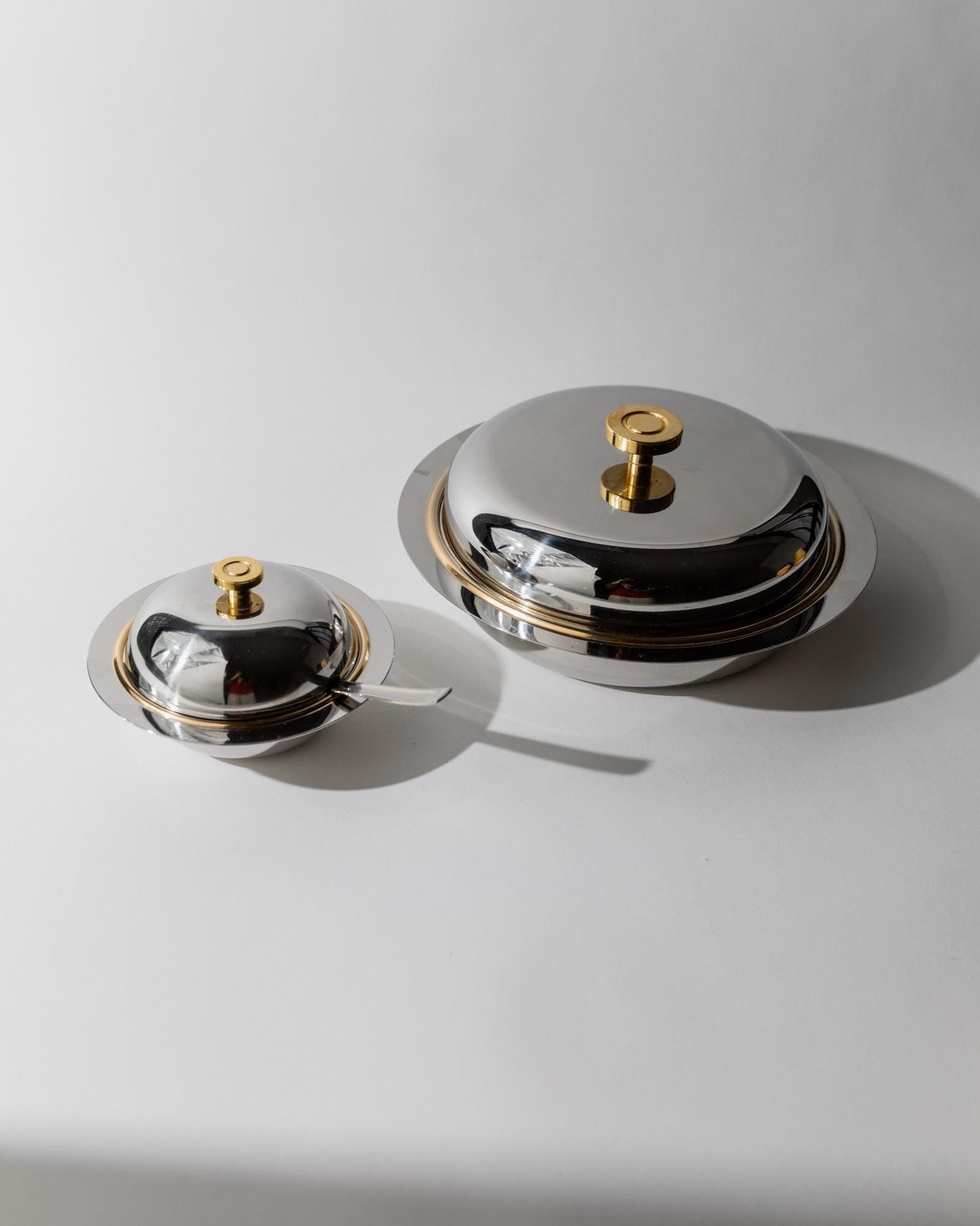 Vintage Schüssel Set von 2 mit Deckel von Morinox für Salat oder Dessert goldene Details