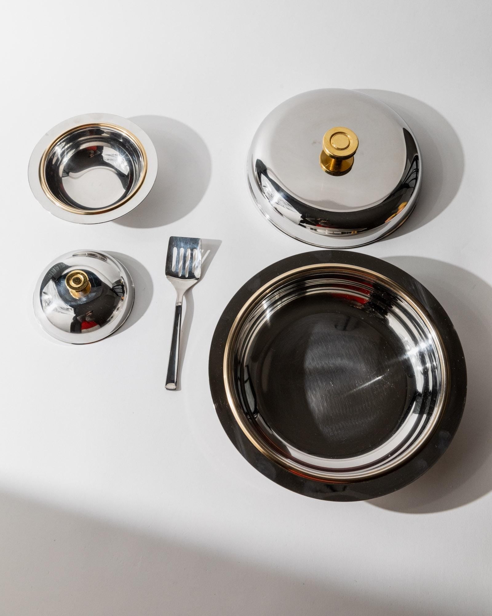 Vintage Schüssel Set von 2 mit Deckel von Morinox für Salat oder Dessert goldene Details