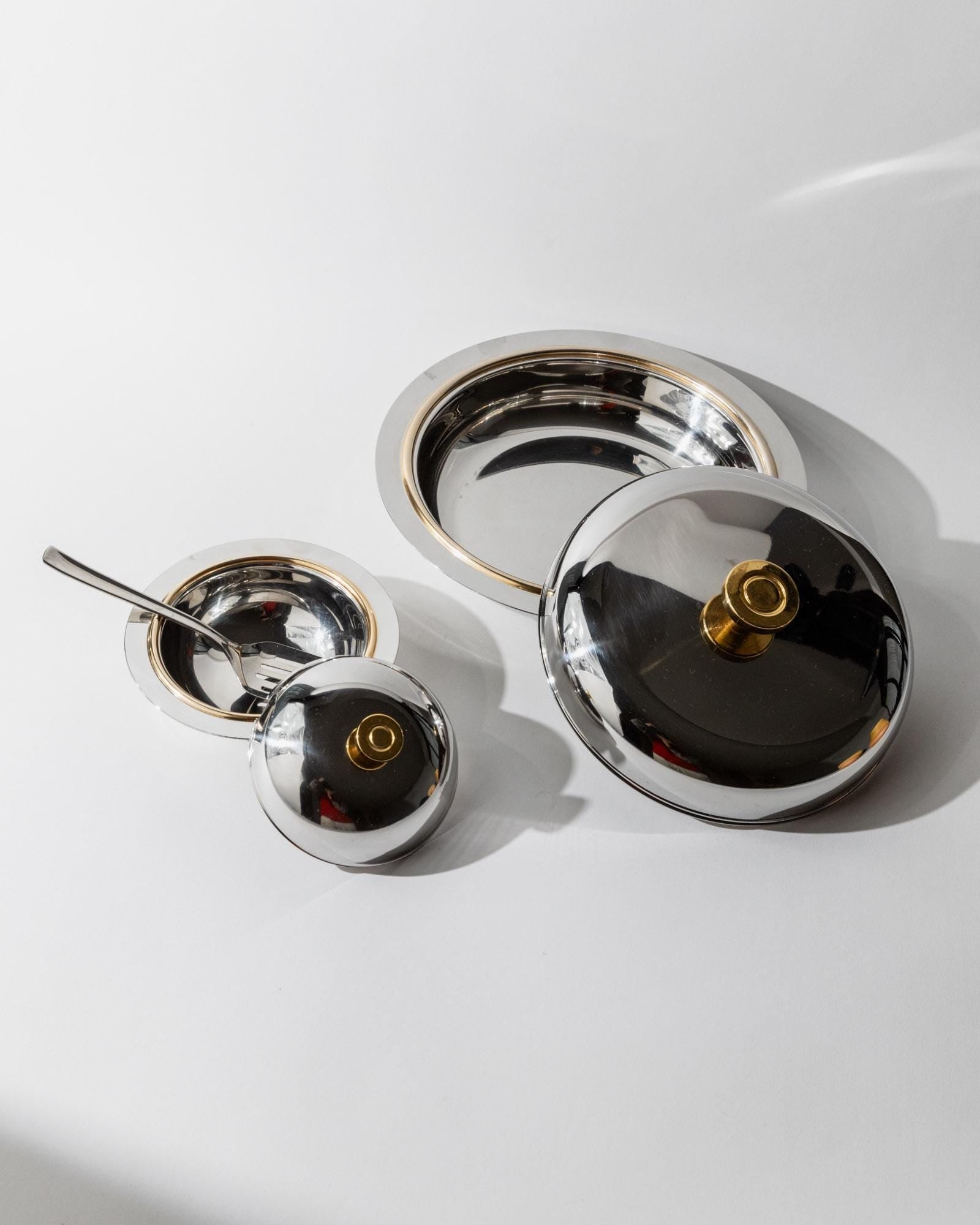 Vintage Schüssel Set von 2 mit Deckel von Morinox für Salat oder Dessert goldene Details