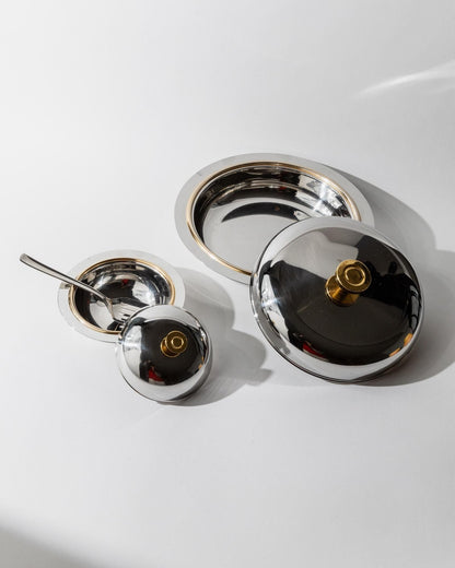 Vintage Schüssel Set von 2 mit Deckel von Morinox für Salat oder Dessert goldene Details