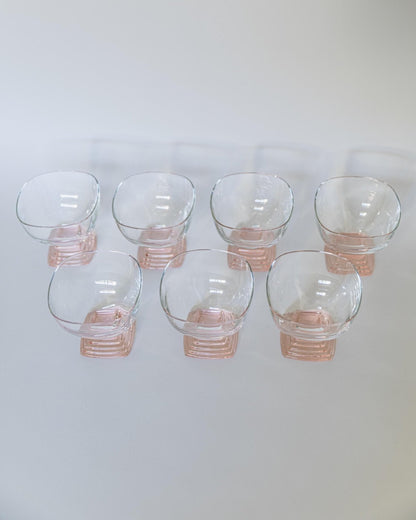 Set von 7 Vintage Weingläser von Bormioli, Klarglas mit rosa abgestuftem Stiel