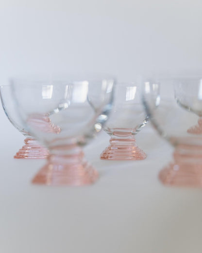 Set von 7 Vintage Weingläser von Bormioli, Klarglas mit rosa abgestuftem Stiel