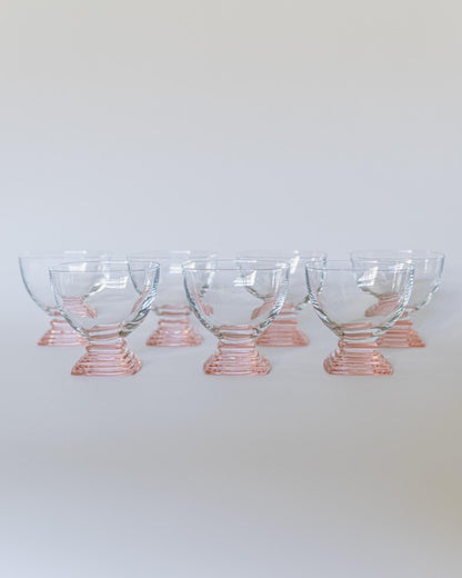 Set von 7 Vintage Weingläser von Bormioli, Klarglas mit rosa abgestuftem Stiel
